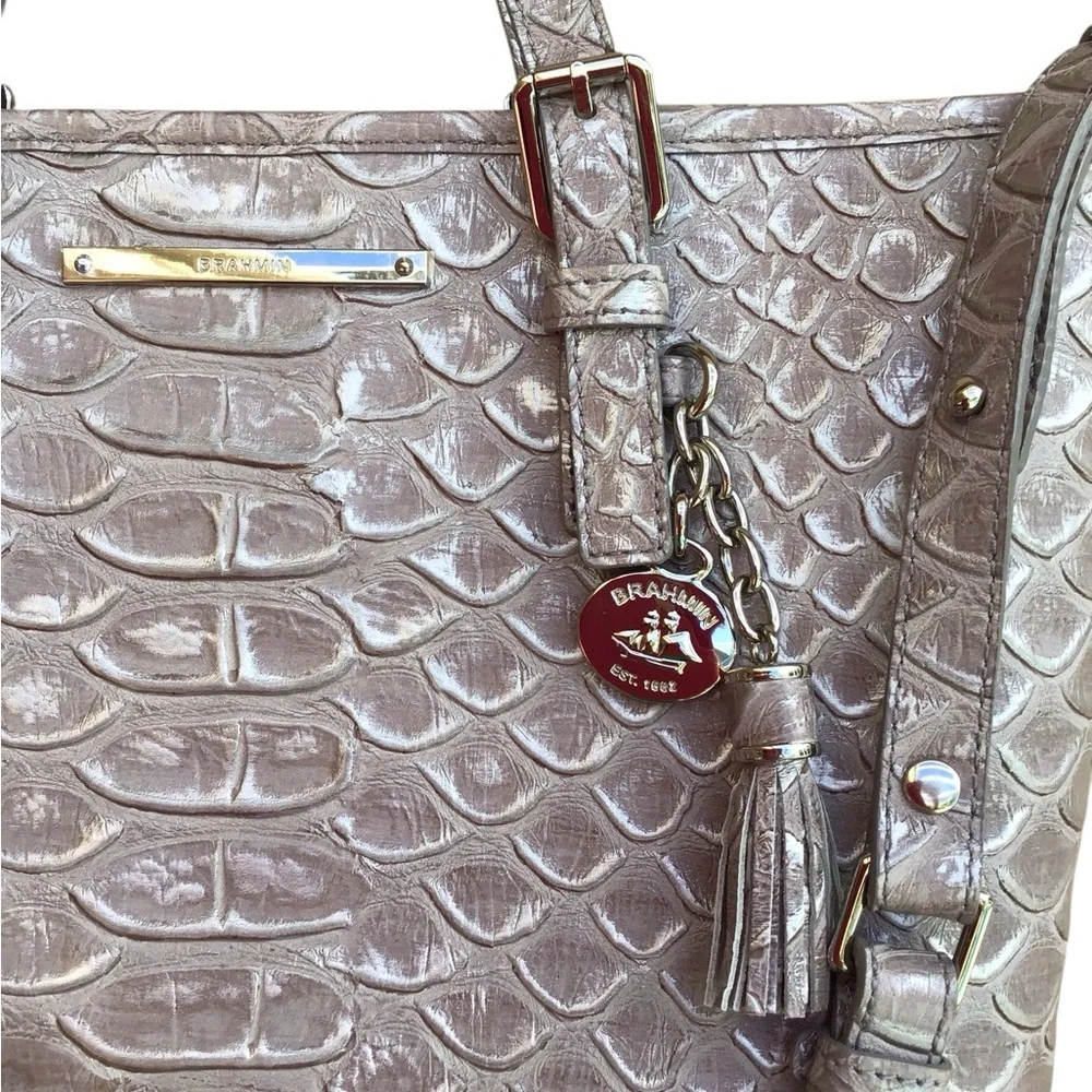 Brahmin Melbourne Mini Asher Satchel Bag in Gray Crocodile Embossed Leather